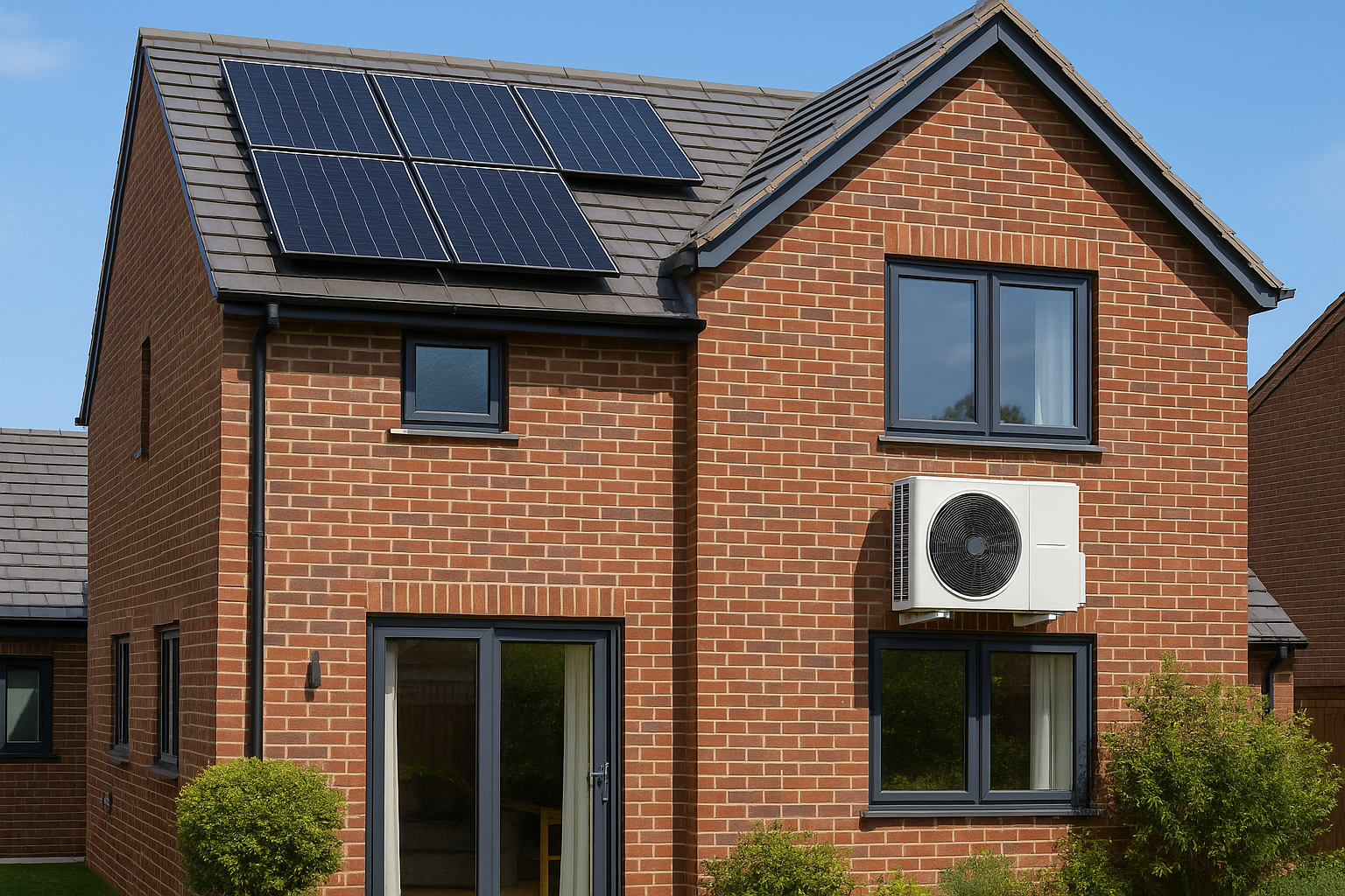 Modern Reading home with rooftop solar panels and a wall-mounted air source heat pump system