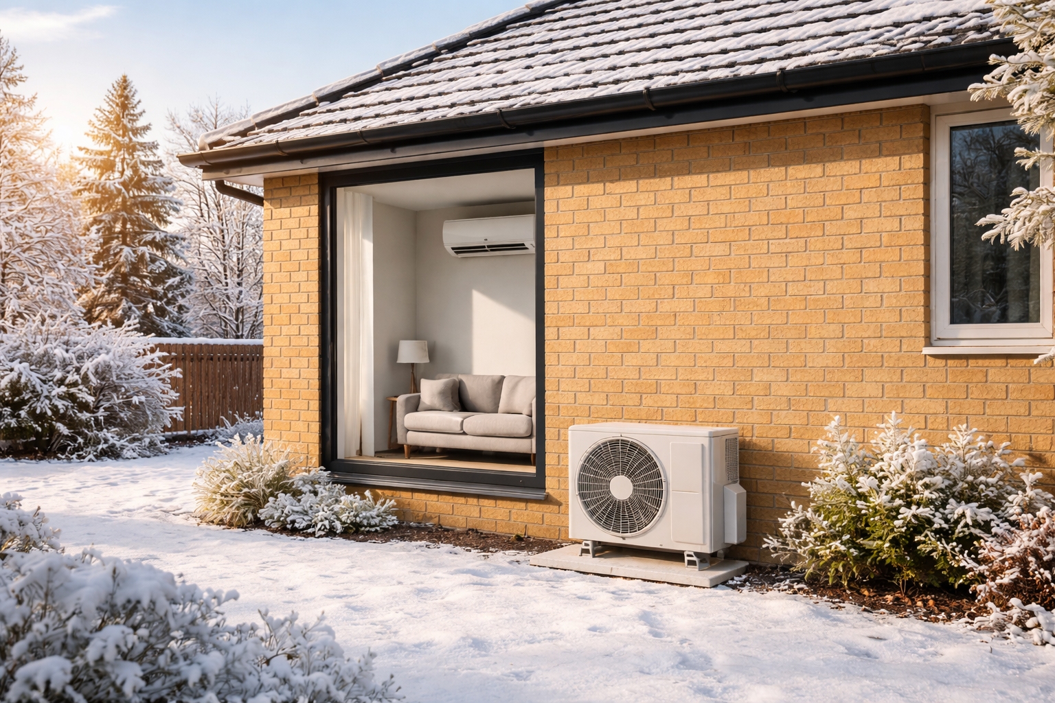 Outdoor air conditioning condenser installed at a Berkshire home in winter